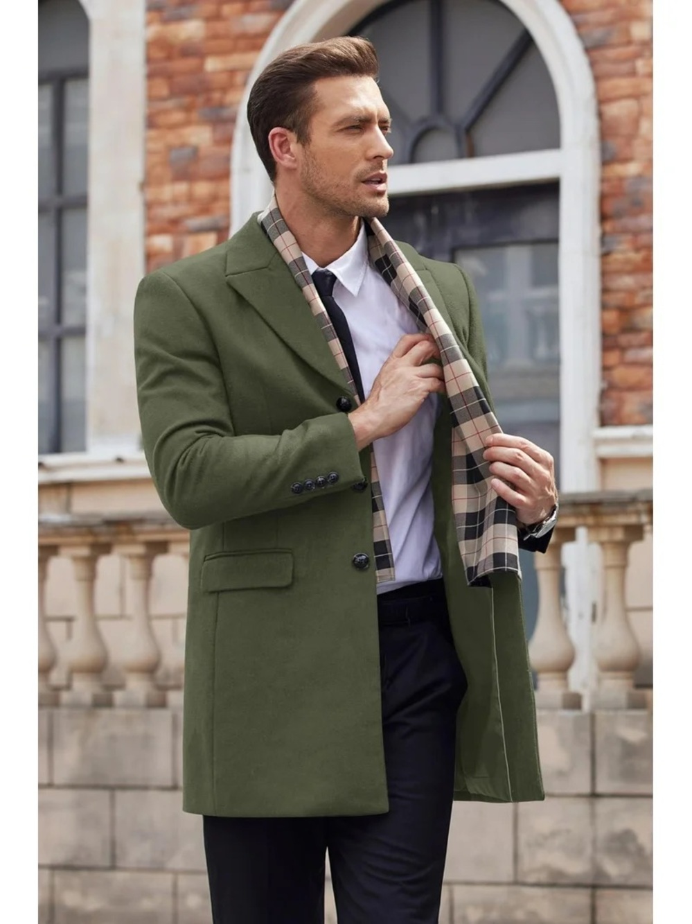 Men's Olive Green Pea Coat with Plaid Lining